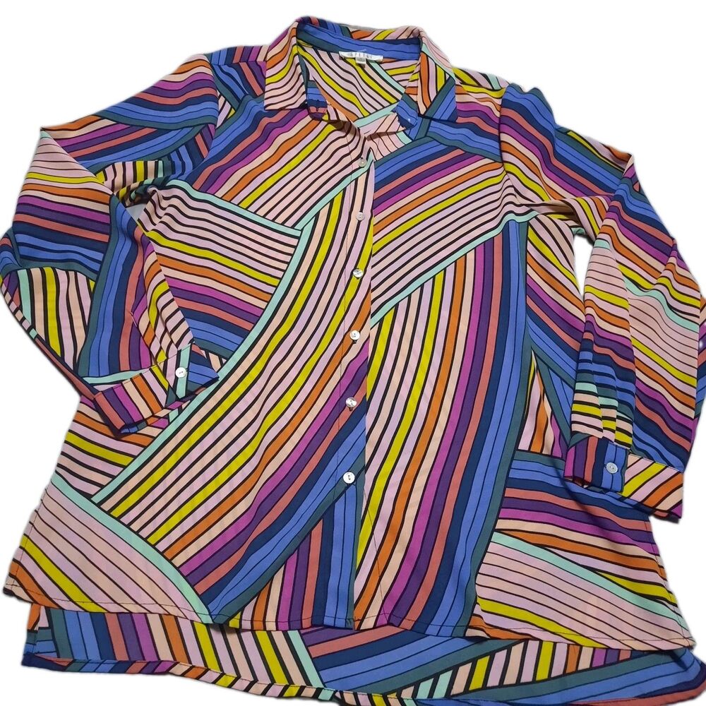 Spense Womens Multicolor Geometric Stripe Button Down Blouse Long Sleeve Medium
